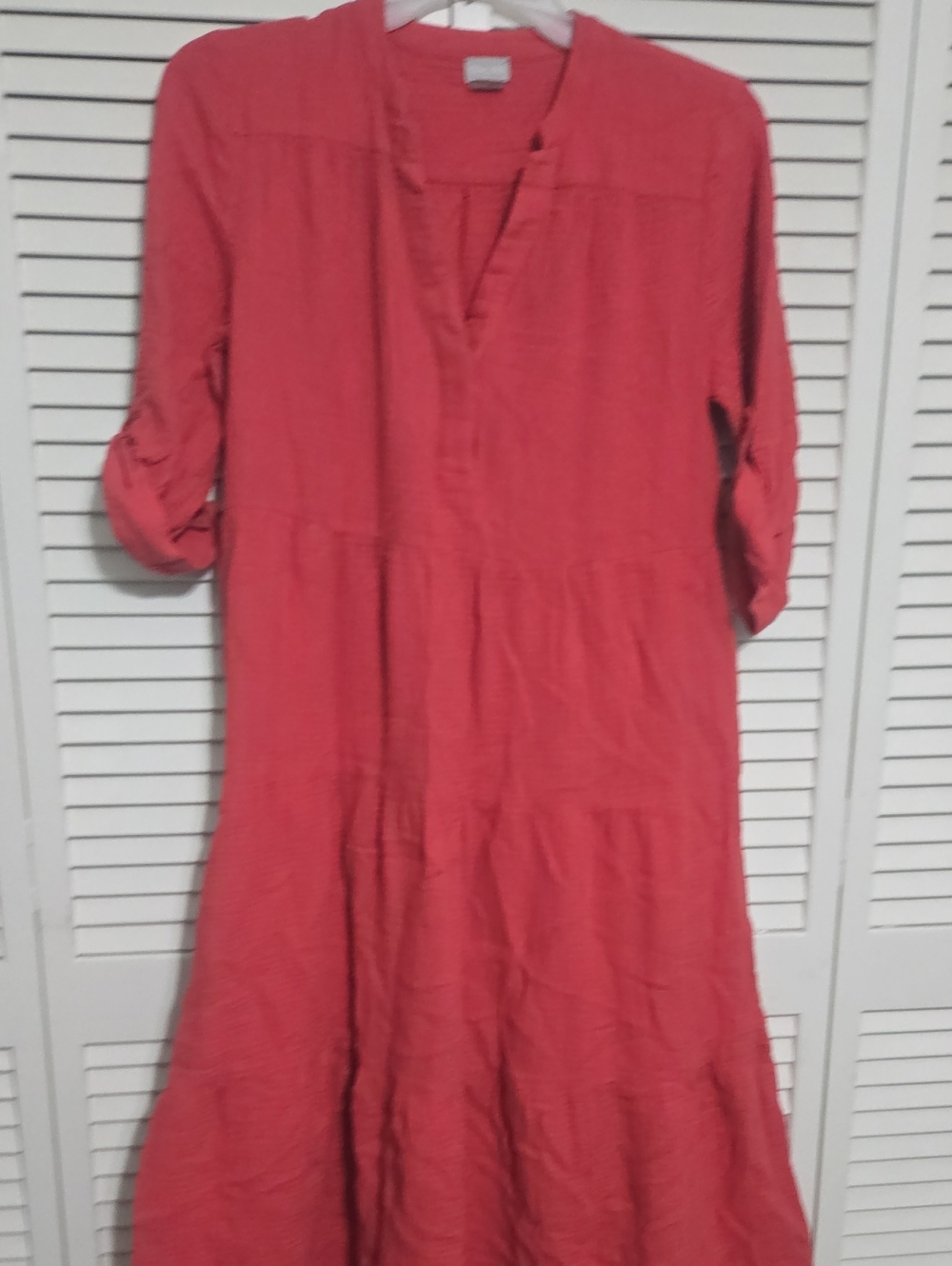 Chico's Tiered Gauze Midi Dress Red Coral V-Neck Roll Tab 3/4 Sleeve 570339980